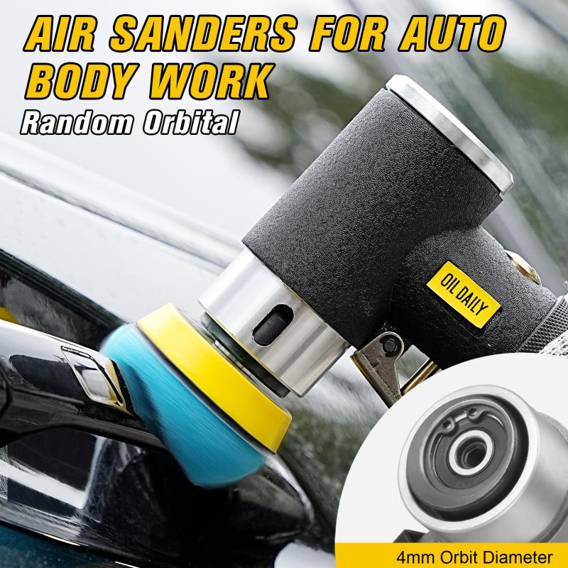 SI FANG 1'' 2'' 3'' Mini Random Orbital Air Sander Kit, High Speed Pneumatic DA Sanders Polisher for Auto Body Work, Includes 27Pcs 1/2/3in Polishing Sponge & Wool Pads, 15Pcs Sandpapers (Black) - Image 4